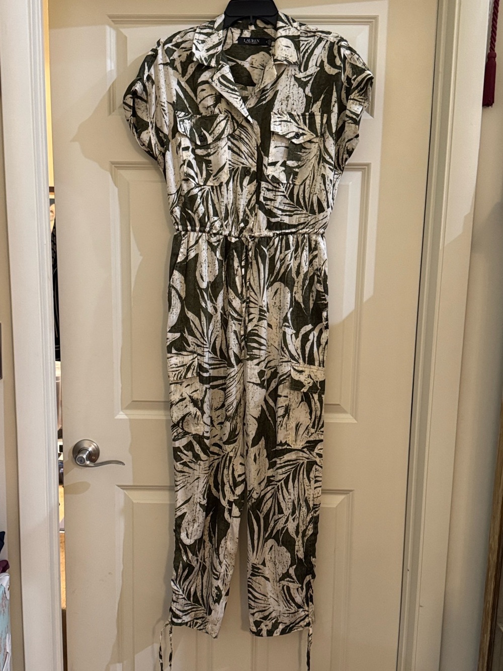 Lauren Ralph Lauren Olive & White Tropical Short-Sleeve Jumpsuit